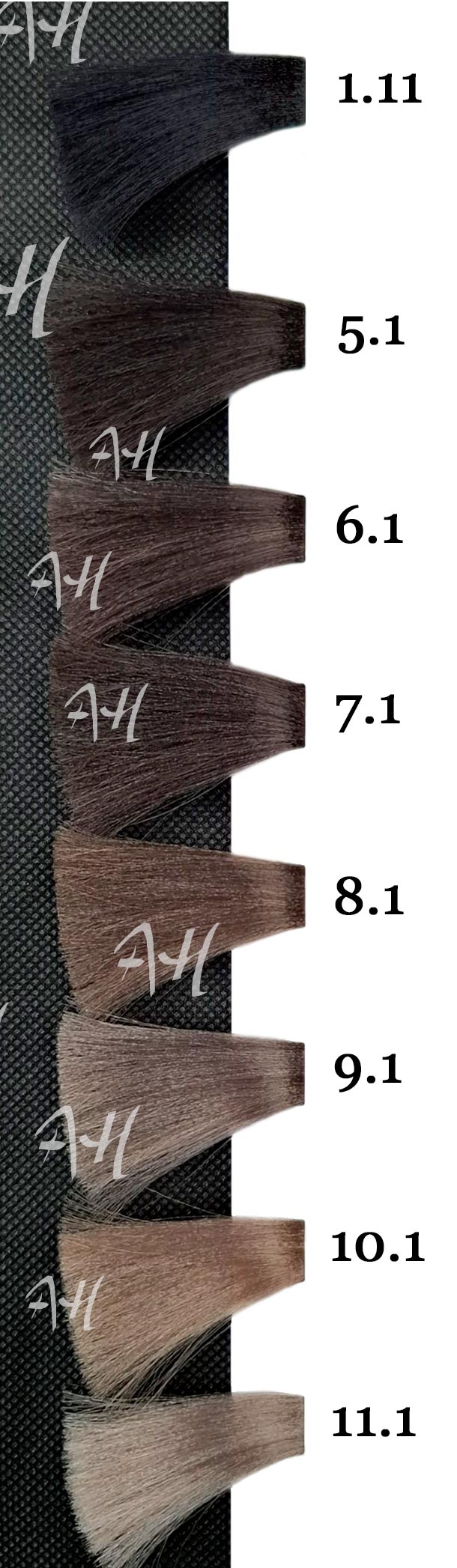 ICON ECOTECH CENIZA: Negro azulado 1.11, Castaño claro ceniza 5.1, Rubio oscuro ceniza 6.1, Rubio ceniza 7.1, Rubio claro ceniza 8.1, Rubio muy claro ceniza 9.1, Platino ceniza 10.1, Platino ultra ceniza 11.1