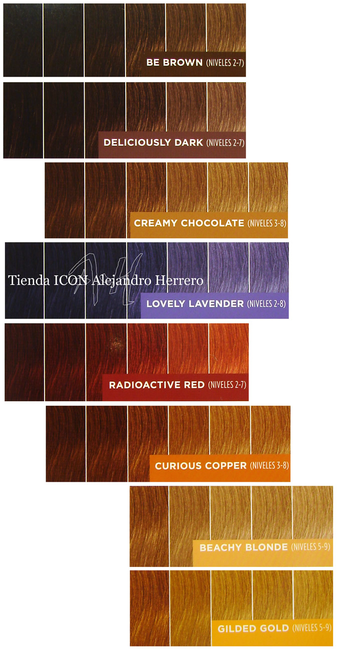Stained Glass de ICON colores: BE BROWN, DELICIOUSLY DARK, CREAMY CHOCOLATE, LOVELY LAVENDER, RADIOACTIVE RED, CURIOUS COPPER, BEACHY BLONDE,GILDED GOLD y GLASS